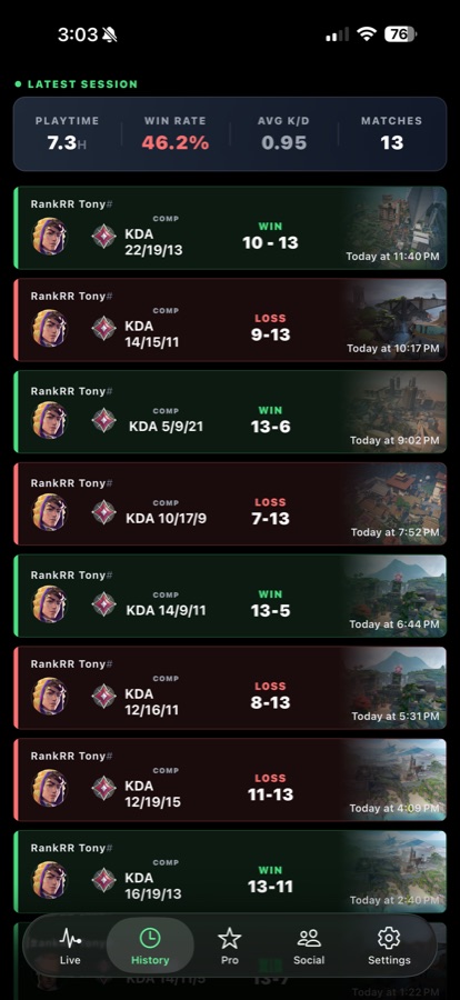RankRR match history screen